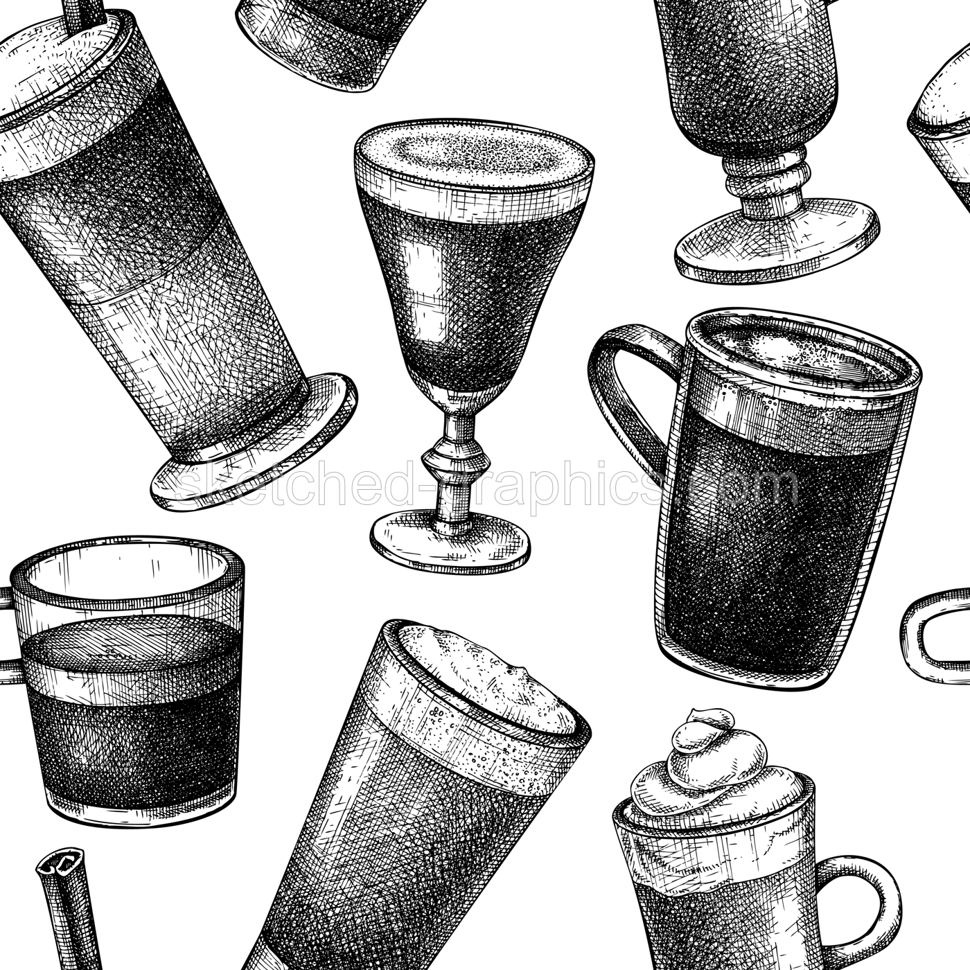 Hand-sketched coffee seamless pattern. Vector sketches of mugs with aromatic caffeine drinks background. Cappuccino, latte, americano, espresso in vintage style. Vector beverages backdrop Illustration